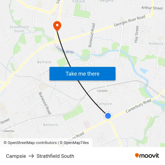 Campsie to Strathfield South map