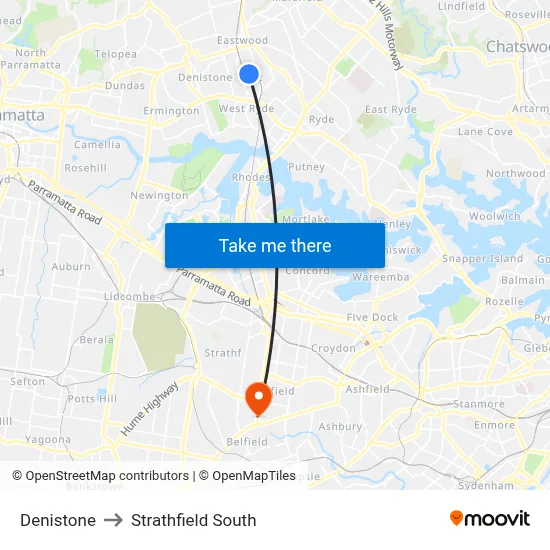 Denistone to Strathfield South map