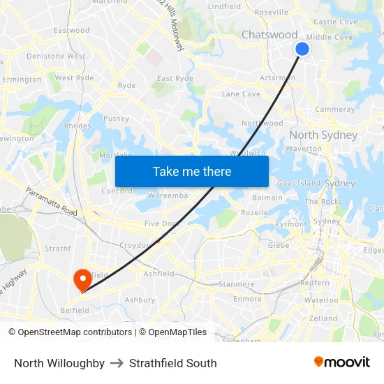 North Willoughby to Strathfield South map