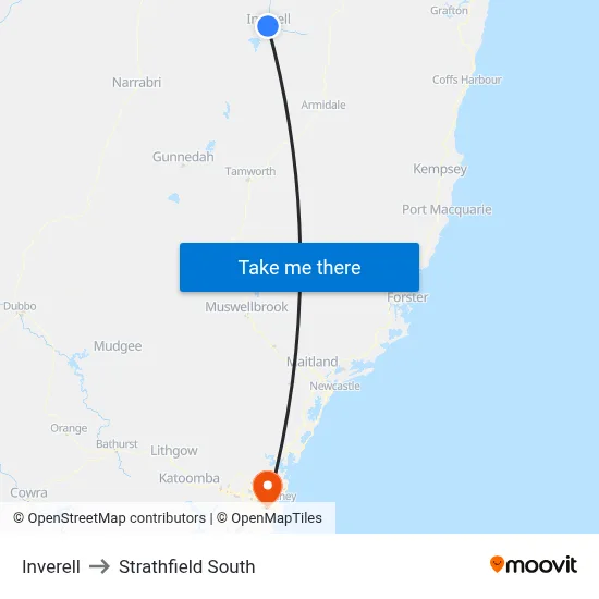 Inverell to Strathfield South map