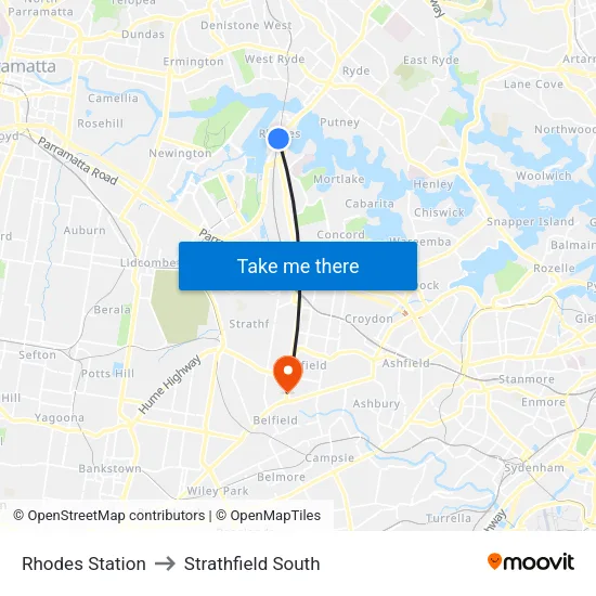 Rhodes Station to Strathfield South map