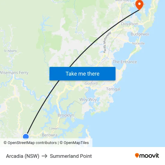 Arcadia (NSW) to Summerland Point map