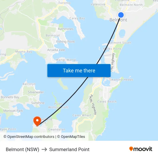 Belmont (NSW) to Summerland Point map