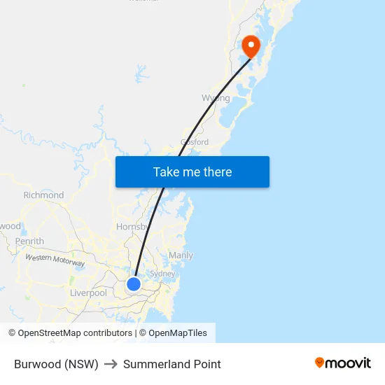 Burwood (NSW) to Summerland Point map