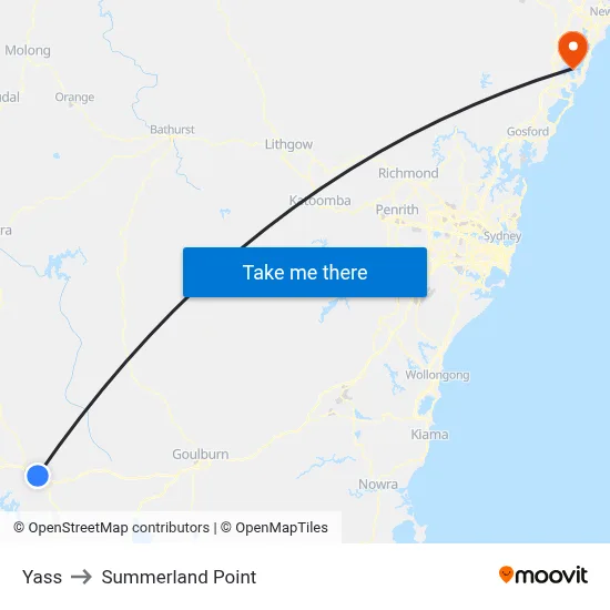 Yass to Summerland Point map