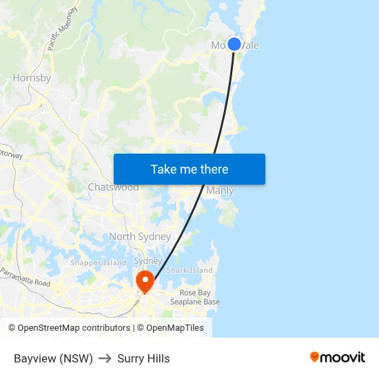 Bayview (NSW) to Surry Hills map