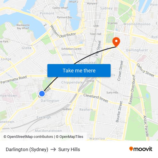 Darlington (Sydney) to Surry Hills map