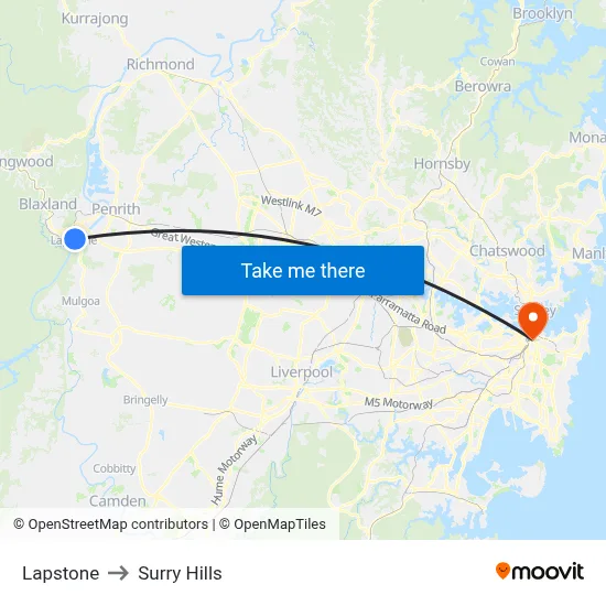 Lapstone to Surry Hills map