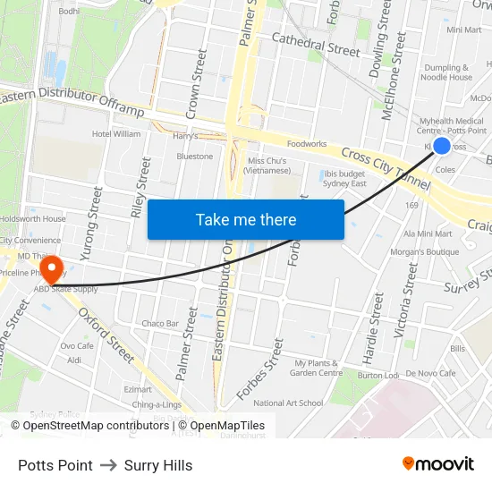 Potts Point to Surry Hills map