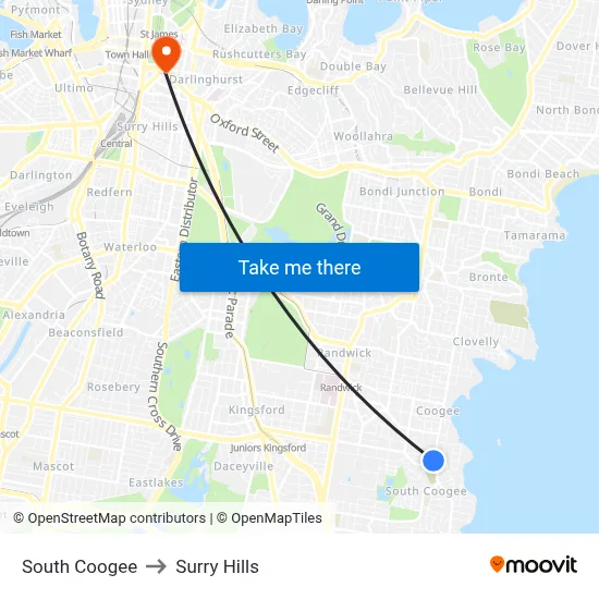 South Coogee to Surry Hills map