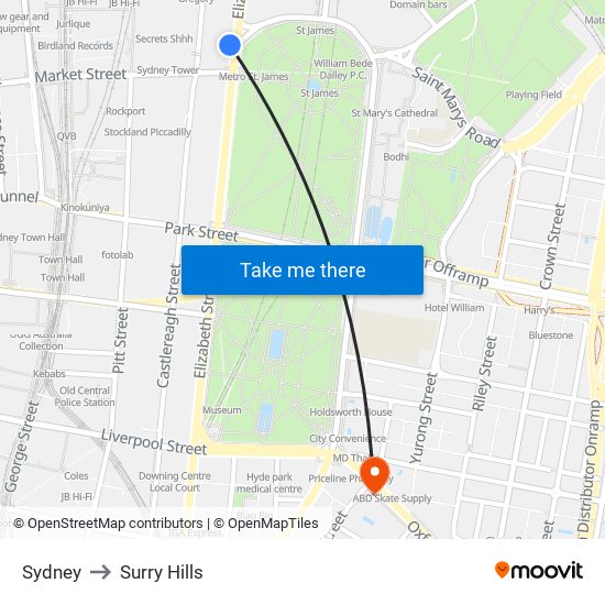 Sydney to Surry Hills map