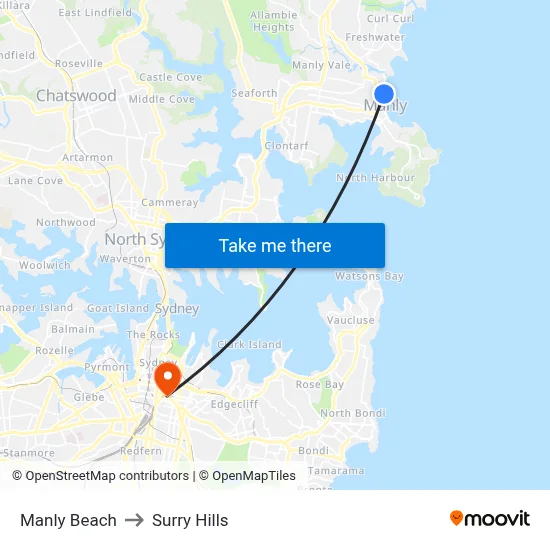 Manly Beach to Surry Hills map