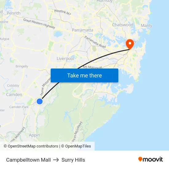 Campbelltown Mall to Surry Hills map