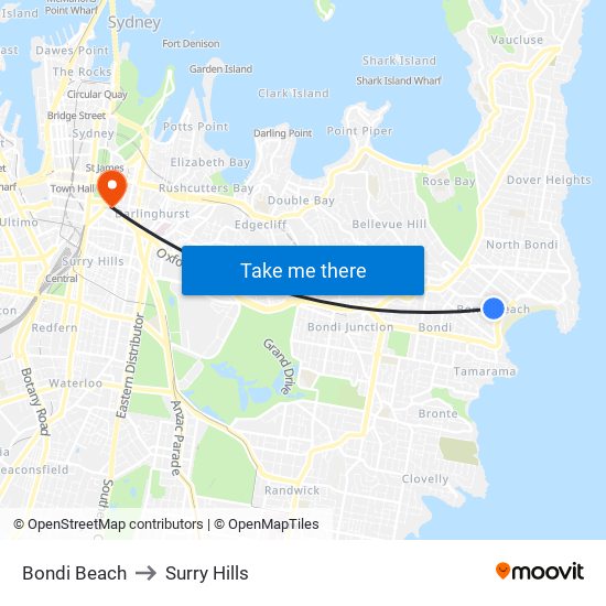 Bondi Beach to Surry Hills map