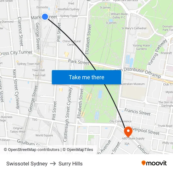 Swissotel Sydney to Surry Hills map