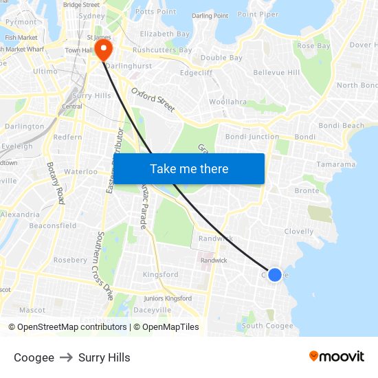 Coogee to Surry Hills map