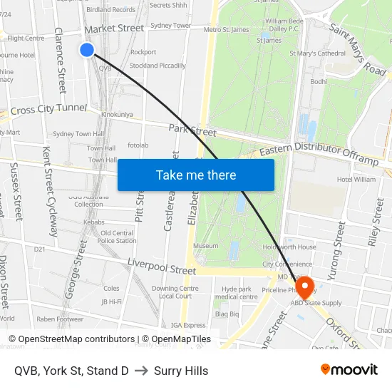 QVB, York St, Stand D to Surry Hills map