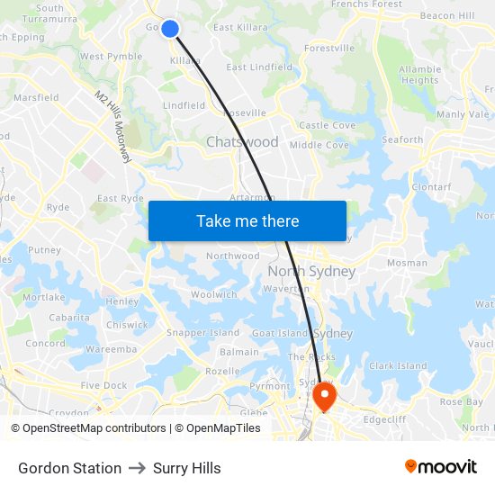 Gordon Station to Surry Hills map