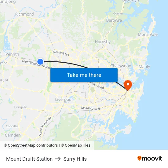 Mount Druitt Station to Surry Hills map