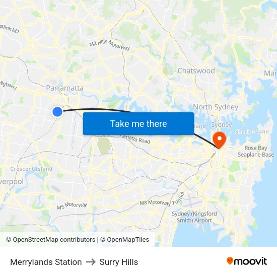 Merrylands Station to Surry Hills map
