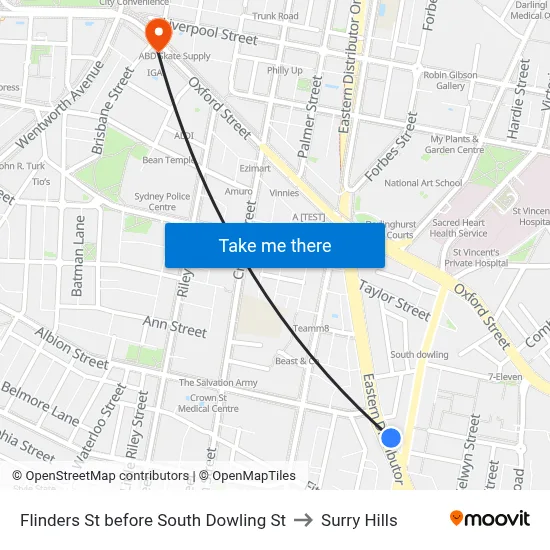 Flinders St before South Dowling St to Surry Hills map
