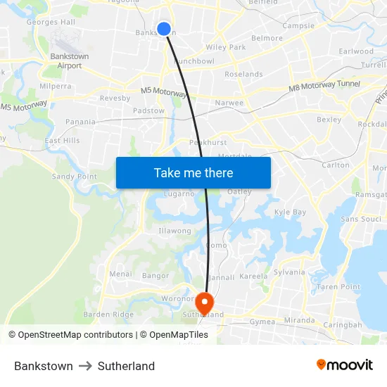 Bankstown to Sutherland map