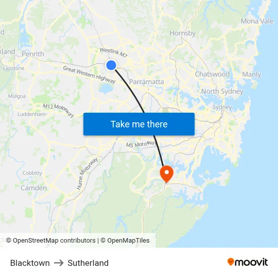 Blacktown to Sutherland map