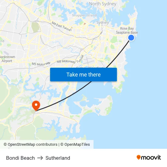 Bondi Beach to Sutherland map