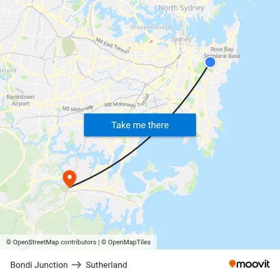 Bondi Junction to Sutherland map