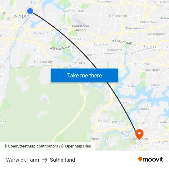 Warwick Farm to Sutherland map