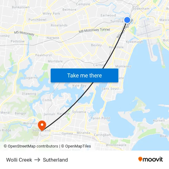 Wolli Creek to Sutherland map
