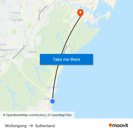 Wollongong to Sutherland map
