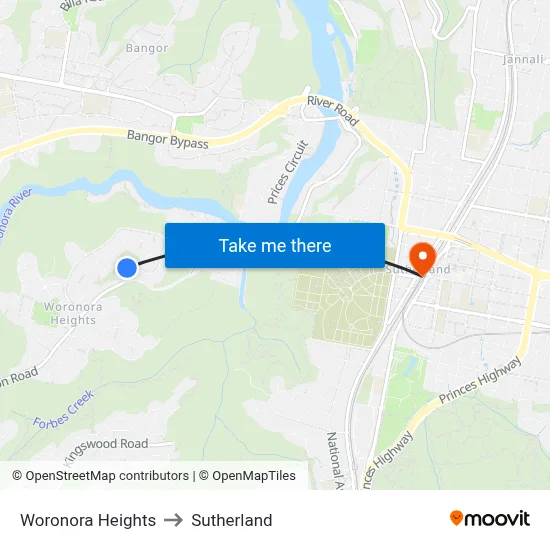 Woronora Heights to Sutherland map