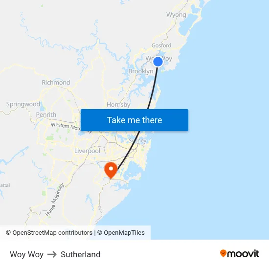 Woy Woy to Sutherland map