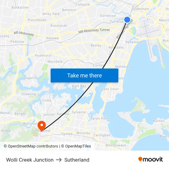 Wolli Creek Junction to Sutherland map