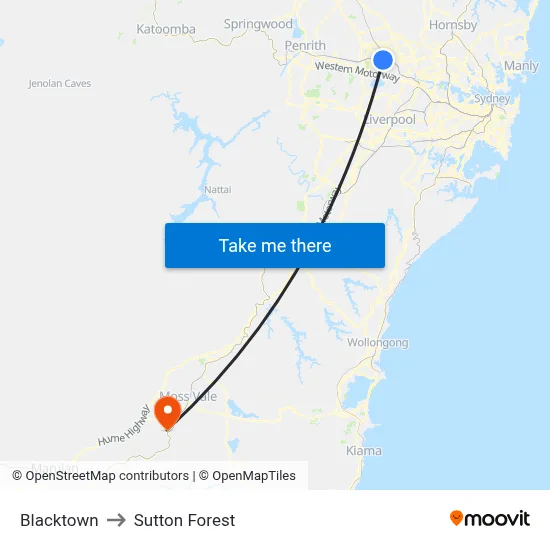 Blacktown to Sutton Forest map