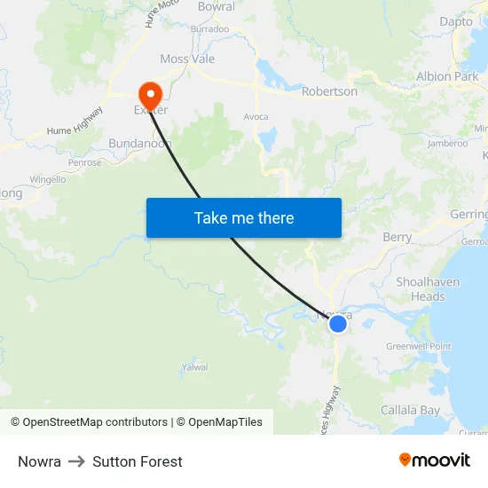 Nowra to Sutton Forest map