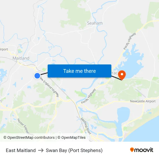 East Maitland to Swan Bay (Port Stephens) map