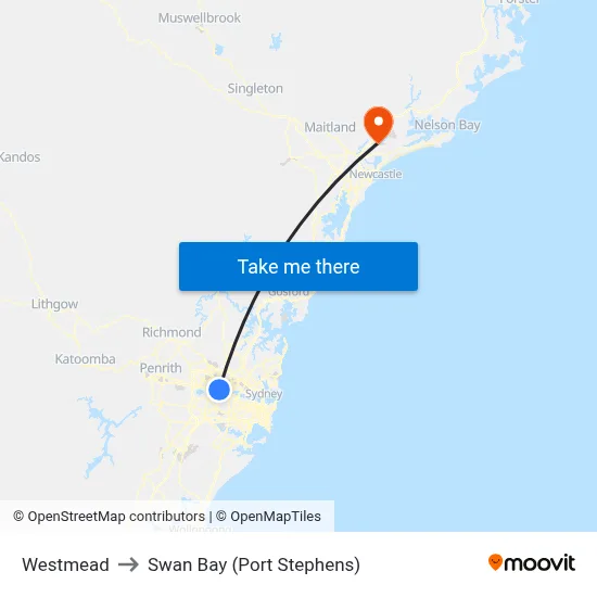 Westmead to Swan Bay (Port Stephens) map