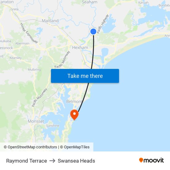 Raymond Terrace to Swansea Heads map