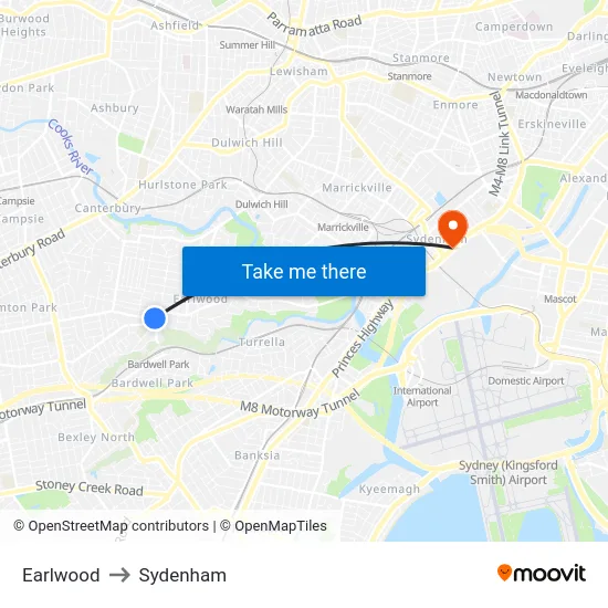 Earlwood to Sydenham map
