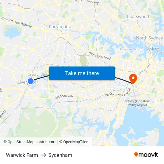 Warwick Farm to Sydenham map