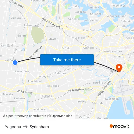 Yagoona to Sydenham map