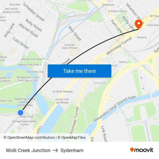 Wolli Creek Junction to Sydenham map