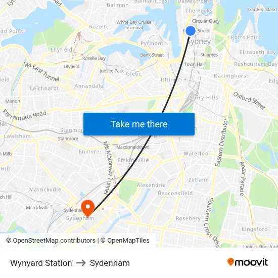 Wynyard Station to Sydenham map