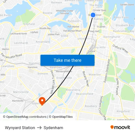 Wynyard Station to Sydenham map