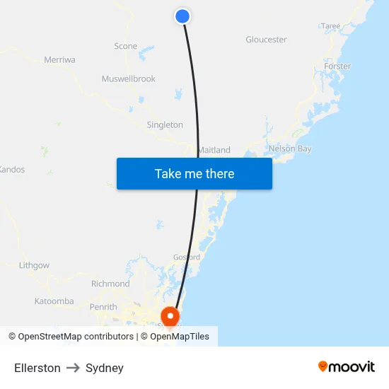 Ellerston to Sydney map