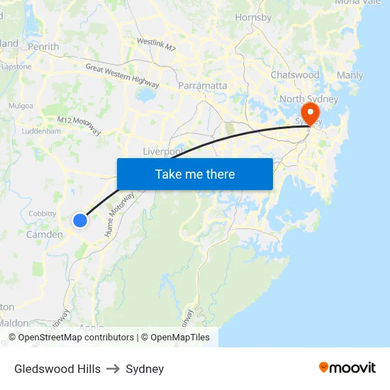 Gledswood Hills to Sydney map