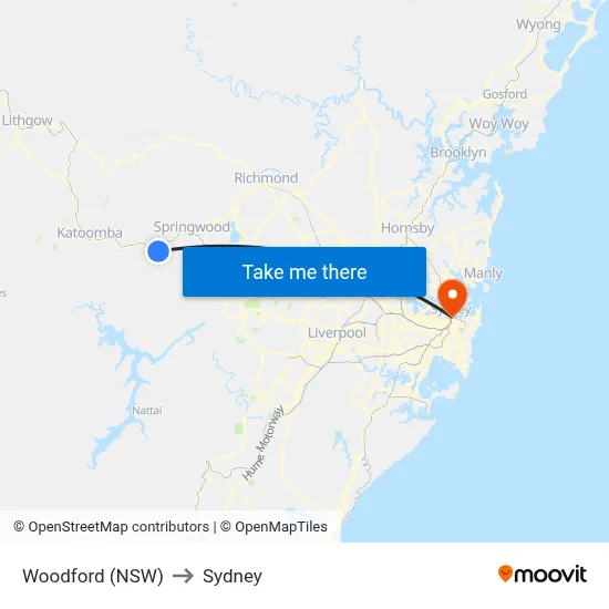 Woodford (NSW) to Sydney map