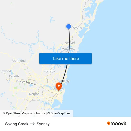 Wyong Creek to Sydney map